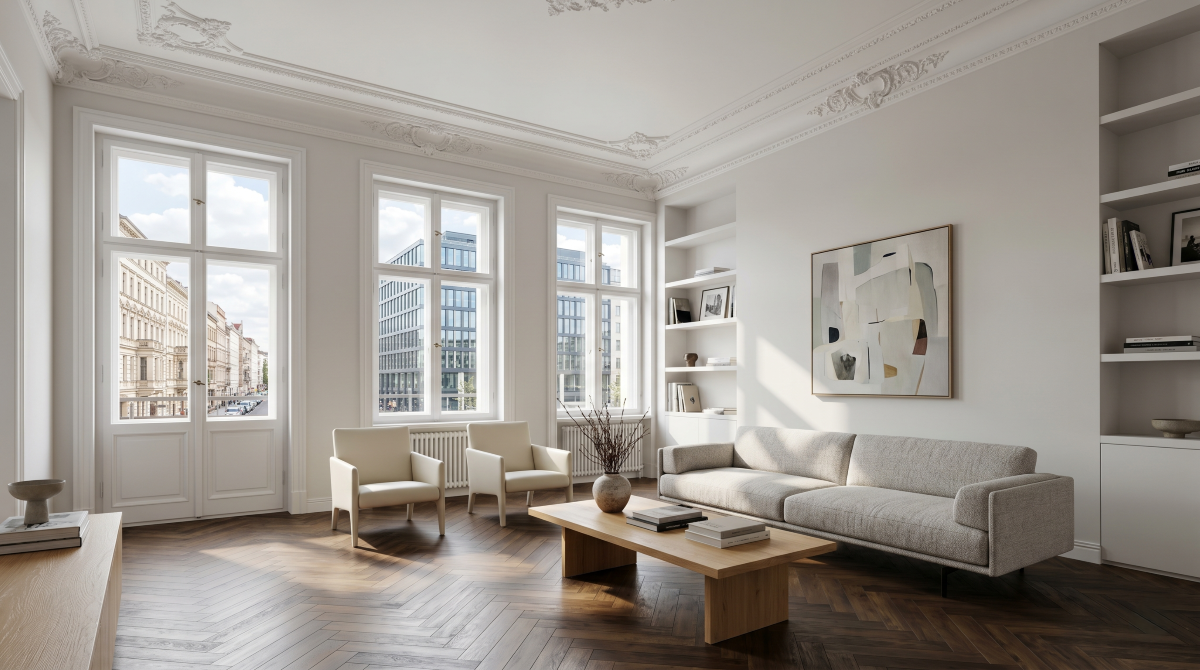 Sanierter Altbau-Wohnraum in Berlin mit Stuckdecke, Fischgrätparkett und hohen Fenstern